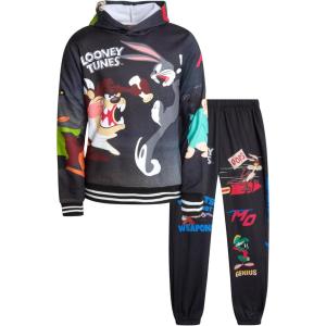 imageMembers Only Boys Active Tracksuit Set  2 Piece Looney Tunes Marvin Tom ampamp Jerry Fleece Hoodie and Sweatpants Size 418Black Looney