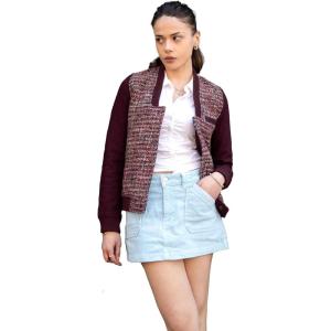 imageMembers Only Womens Updated Tweed Varsity Jacket with Contrast SleeveBurgundy